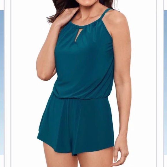 Aqua Green Romper, Women's Keyhole Blouson (5 Star) Style - Picture 3 of 11